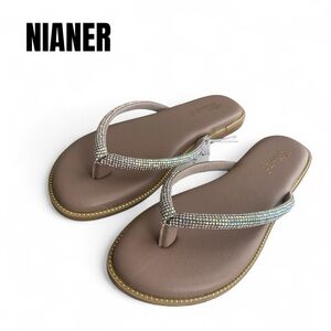 034 Nianer Elegant Tan Rhinestone Flip-Flops 7.5 Womens